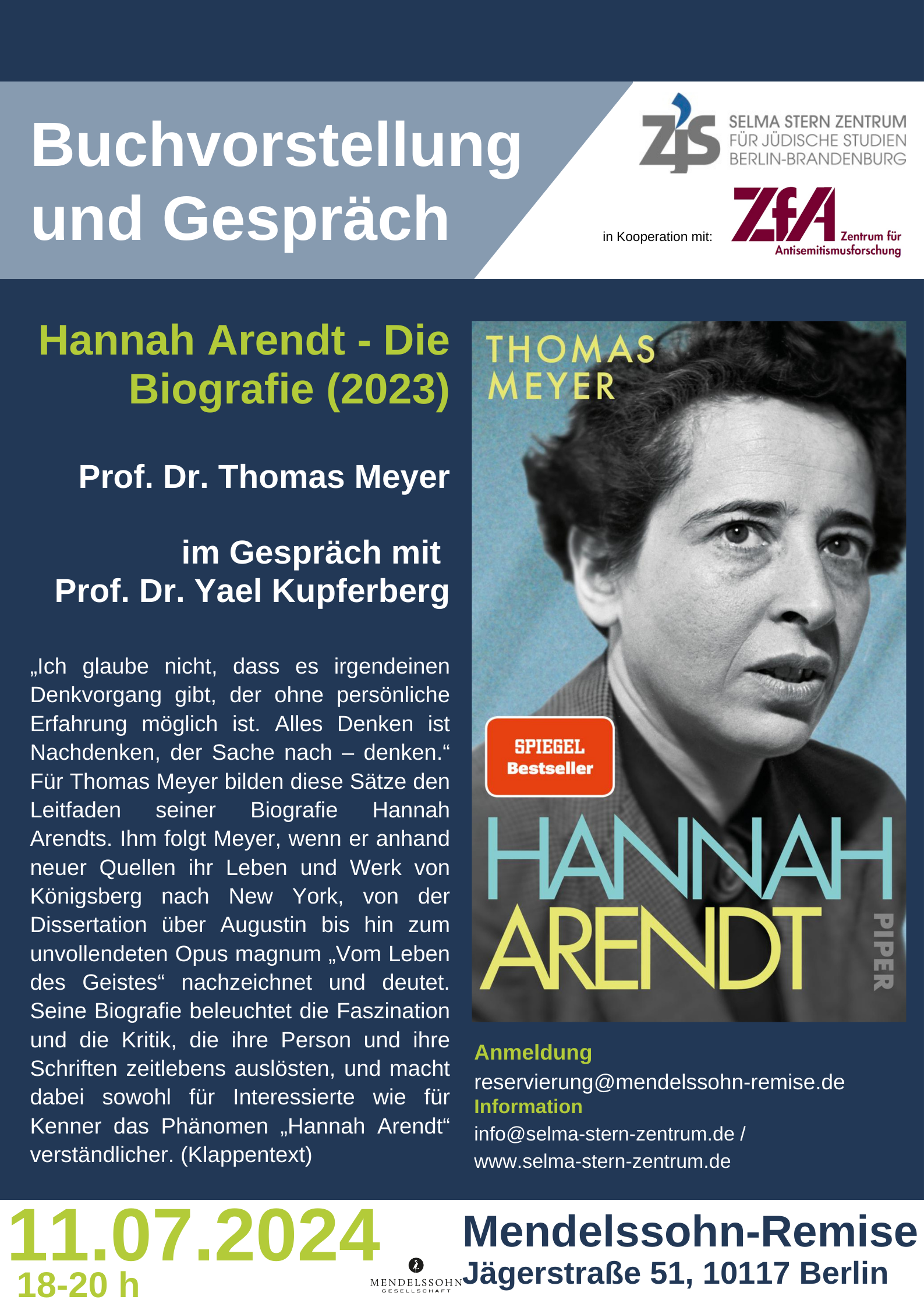 Flyer_Buchpräsentation_Meyer: Hannah Arendt 11.07.2024